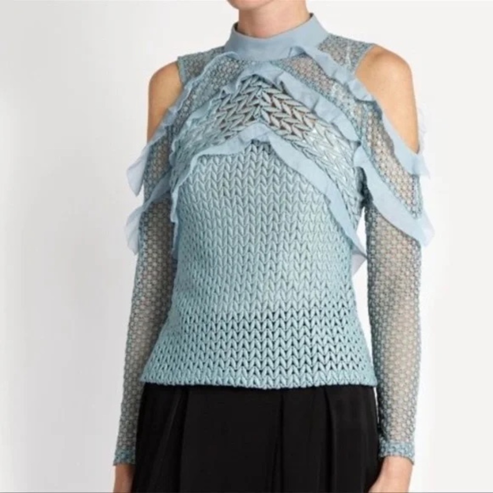 Self-Portrait Powder Blue Lace Ruffle Cold Shoulder Knit Top US 6
